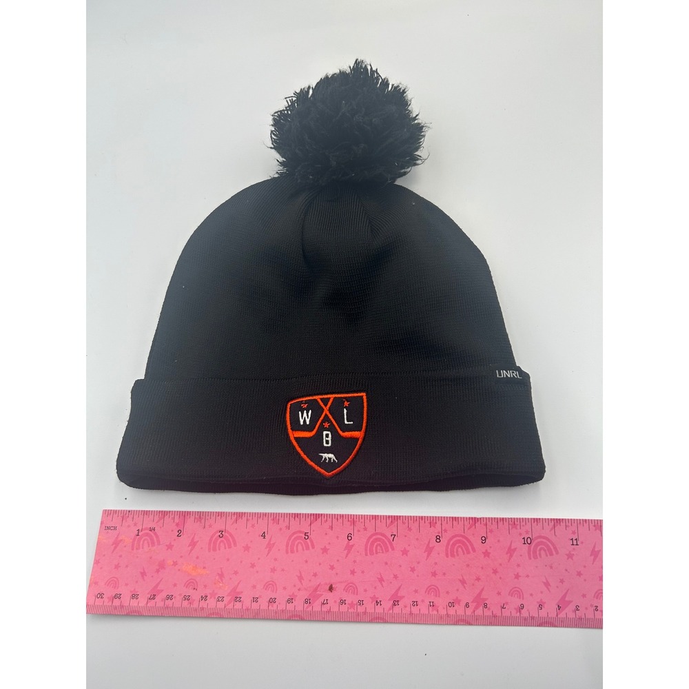 UNRL Black Knit Pom Beanie Hat Orange Shield Logo #18 Thermal Lining B914 - Picture 5 of 6